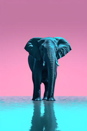 Elephant in water on a pink background. 3d render.の素材