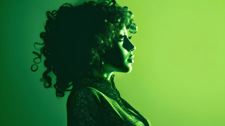 3d illustration of a beautiful woman with curly hair, green backgroundの素材