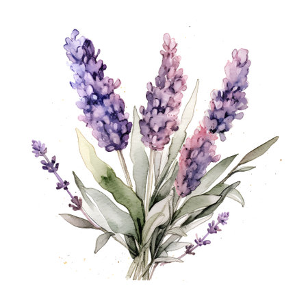 Watercolor lavender bouquet. Hand painted illustration. Isolated on white background.の素材
