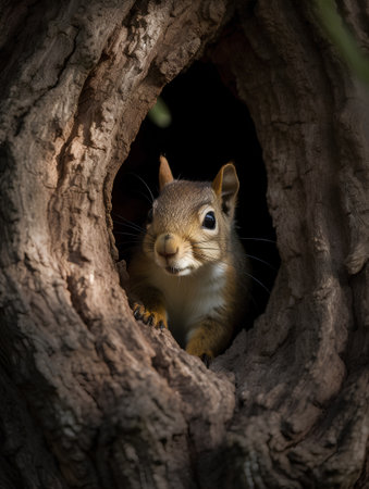 Portrait of a cute squirrel in a hole in a tree.の素材