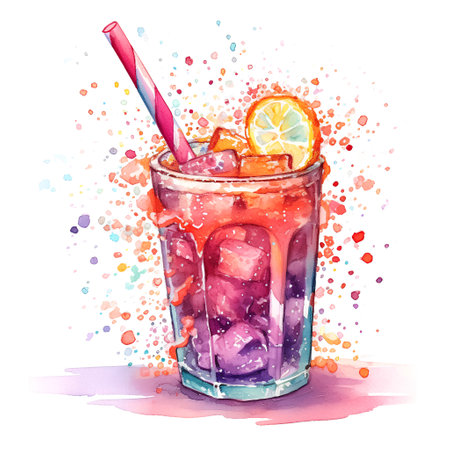 Watercolor hand drawn illustration of a summer cocktail with ice and orangeの素材