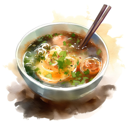 Illustration of Japanese miso soup with egg and vegetables in a bowl.の素材