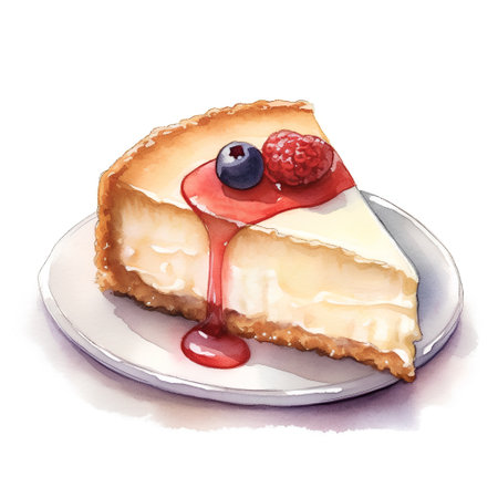 Watercolor illustration of a slice of cheesecake with berry sauceの素材