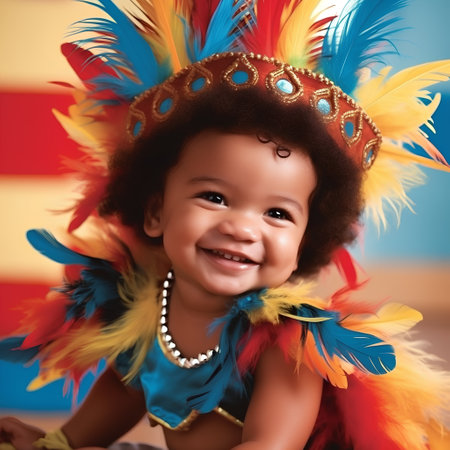 Portrait of a cute African American little girl wearing a colorful feather costumeの素材