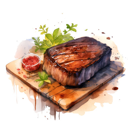 Grilled beef steak. Hand drawn watercolor illustration isolated on white backgroundの素材