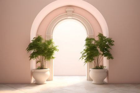 3d render of a corridor with arches and plants in potsの素材