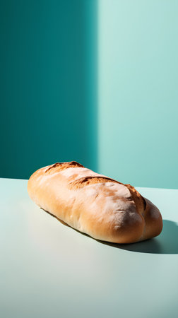 Fresh loaf of bread on a blue and green background. 3d renderingの素材