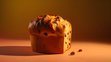 Panettone with raisins on a orange background. Copy space.の素材