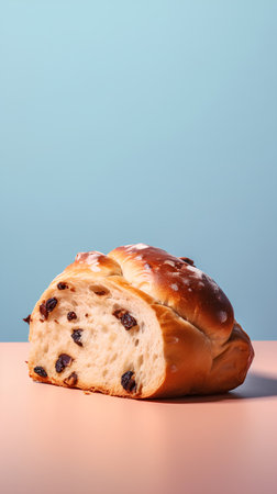 Raisin bread with raisins on pink and blue backgroundの素材