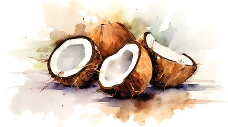 Watercolor illustration of fresh coconuts on a white background.の素材