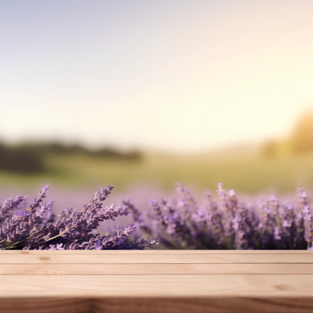 Wooden table with lavender flowers in front of blurred background.の素材