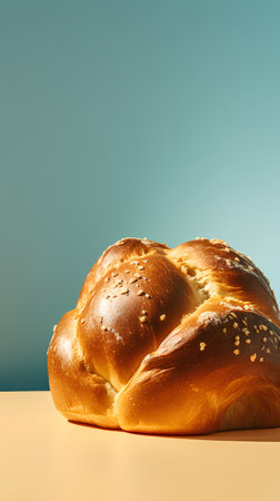 Freshly baked wheat bread with sesame seeds on a blue backgroundの素材