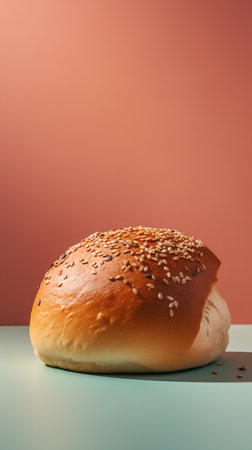Fresh bread bun with sesame seeds on blue and orange background.の素材