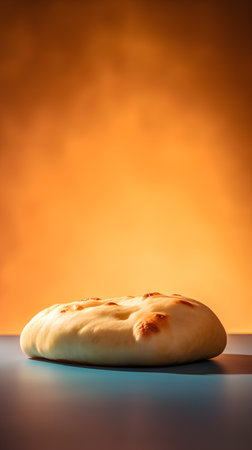 Pita bread on a table against an orange background with copy spaceの素材