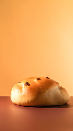 Bread with raisins on a orange background. Copy space.の素材