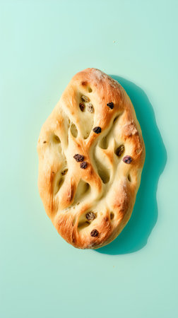 Fresh bread with raisins on turquoise background, top viewの素材