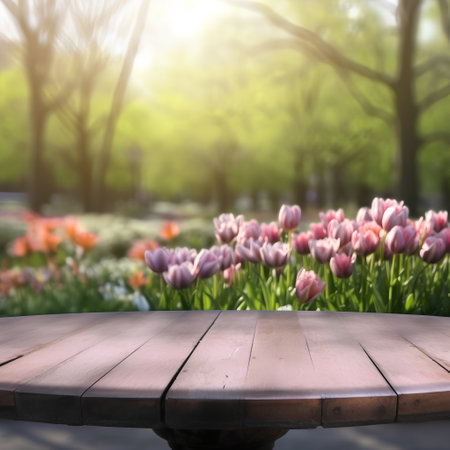 Empty wood table and tulip flower garden background, for product displayの素材
