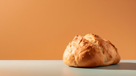 Croissant on a table in front of an orange background with copy spaceの素材