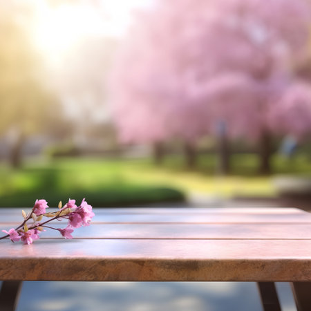 Empty wooden table in front of blurred cherry blossoms background. For product displayの素材