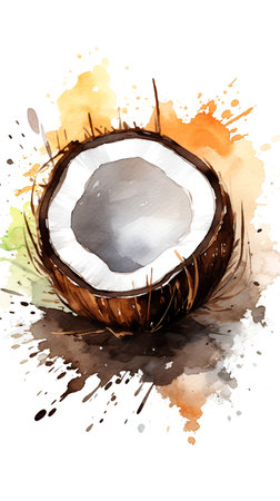 Coconut with watercolor splashes. Hand drawn vector illustrationの素材