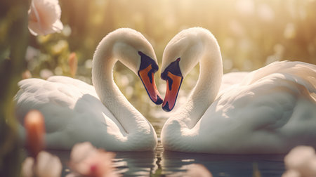 Two white swans swimming in the lake with tulips in the backgroundの素材