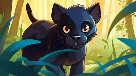 Vector illustration of a black panther in the jungle. Cute cartoon characterの素材