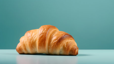 Freshly baked croissant on pastel blue background with copy spaceの素材