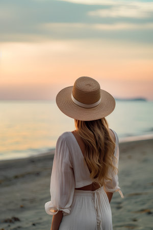 Beautiful woman in white dress and hat on the beach at sunsetの素材