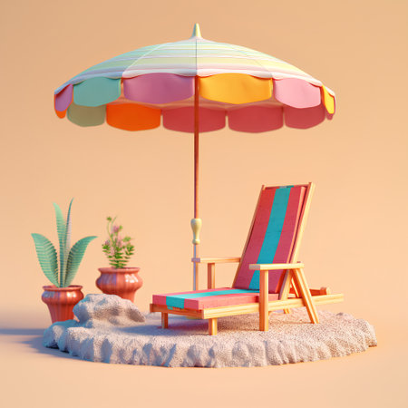 Beach chair and umbrella on sand. 3d render illustration.の素材