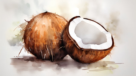 Watercolor illustration of two coconuts on a white background.の素材