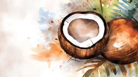 Coconut watercolor illustration. Watercolor painting on paper.の素材