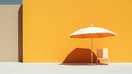 Beach umbrella and chair in front of orange wall. 3d renderの素材