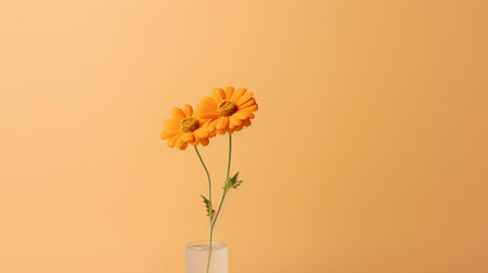 Cosmos flowers in vase on orange background. Minimal conceptの素材