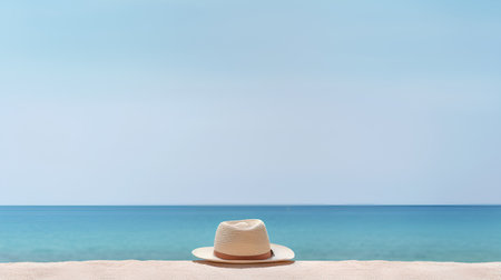 Hat on the beach with sea and blue sky background. Vacation concept.の素材