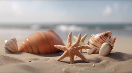 sea shells and starfish on sand with sea background, shallow dofの素材