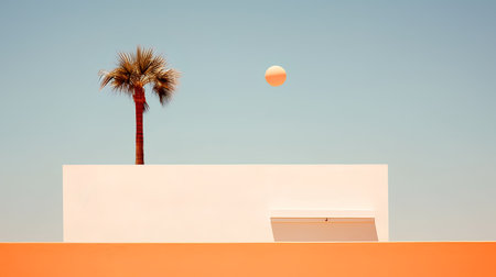 Palm tree and sun on the terrace of a modern houseの素材