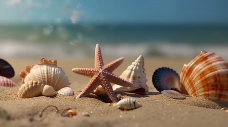 Seashells and starfish on the beach, shallow dofの素材
