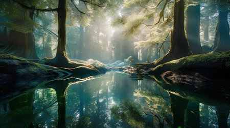 Fantasy forest with reflection in the water, 3d render.の素材