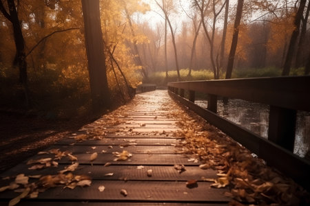Wooden boardwalk in the autumn park with yellow leaves on the groundの素材