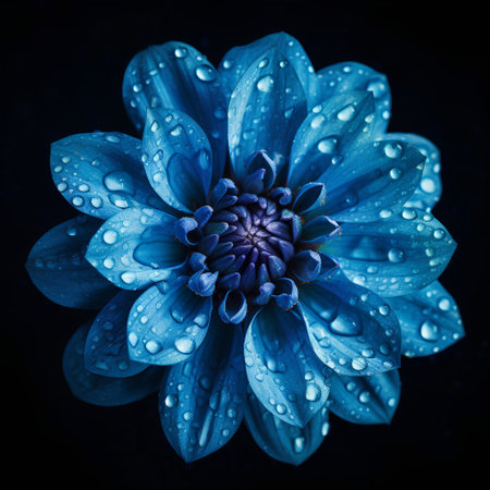Blue dahlia flower with water drops isolated on black background.の素材