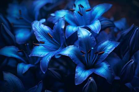 Beautiful blue lily flowers on dark background. Floral backgroundの素材