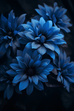 Beautiful blue dahlia flowers on dark background. Toned.の素材