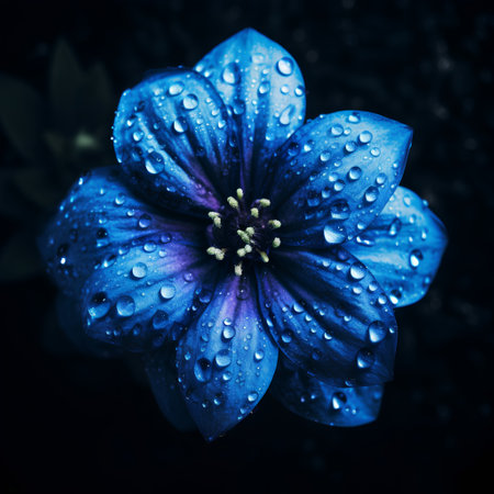 Beautiful blue flower with drops of water on a dark background.の素材