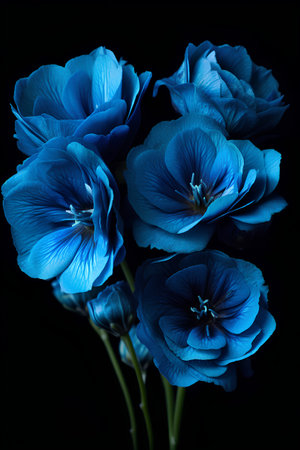 Blue geranium flowers bouquet isolated on black background with clipping pathの素材