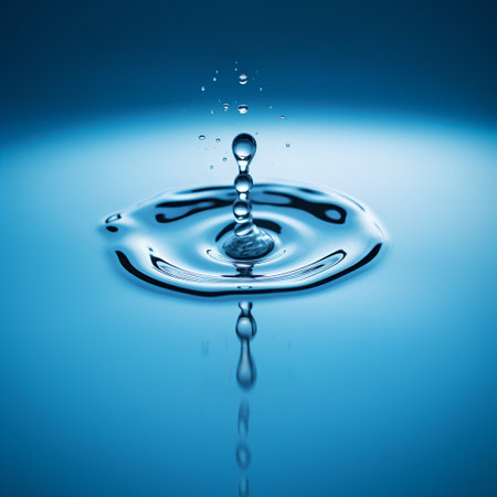 Water drop close-up. Blue water surface. Water splash backgroundの素材