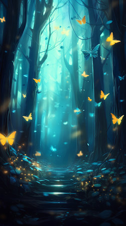 Mystical dark forest with bright colorful butterflies. Vector illustration.の素材