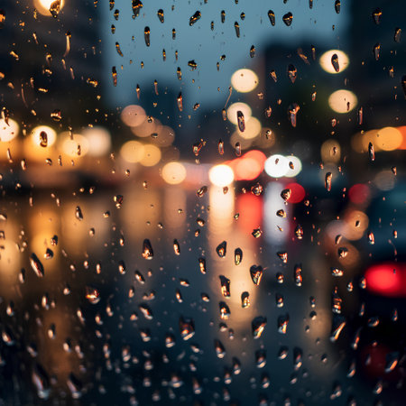 Rain drops on glass with blurred city lights background. Rainy day.の素材