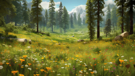 Colorful spring meadow in the mountains. Digital painting effect.の素材