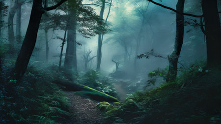 Hiking trail in the misty forest. 3D Renderingの素材