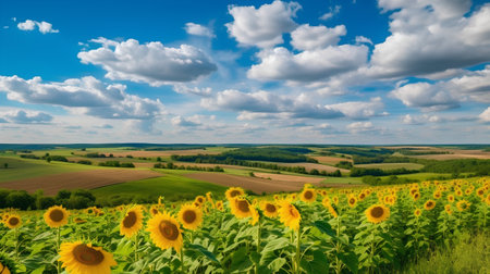 sunflower field over blue sky with white clouds, summer rural landscapeの素材